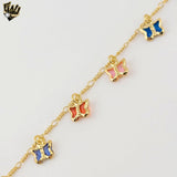 (1-0086) Gold Laminate - 2mm Figaro Link Butterfly Charms Anklet - 9.5" - BGF