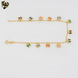 (1-0086) Gold Laminate - 2mm Figaro Link Butterfly Charms Anklet - 9.5" - BGF