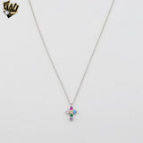 (2-66023) 925 Sterling Silver - 1mm Link with Cross Multicolor Necklace 16"