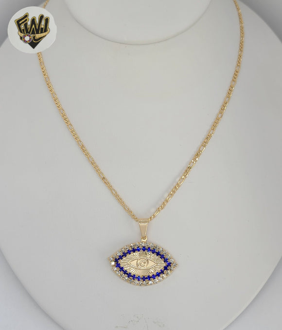 (1-6240-1) Gold Laminate - Figaro Link Evil Eye Necklace - 18