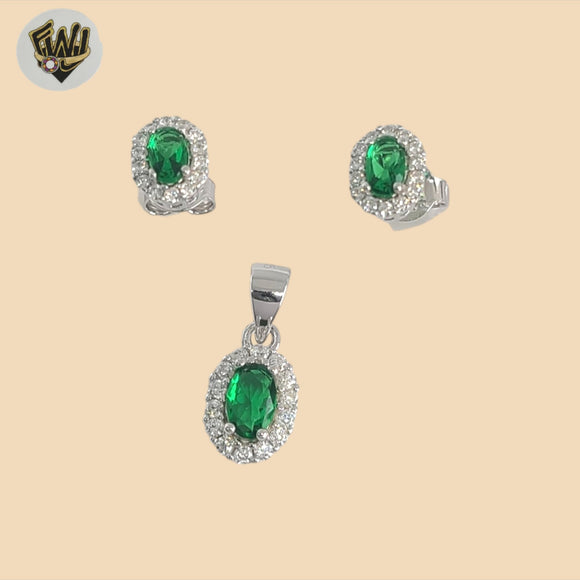 (2-6334) Plata de Ley 925 - Conjunto Circonitas Verdes.