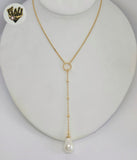 (1-6395-2) Gold Laminate - Box Link Lariat Pearl Necklace - 16" - BGF