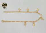 (1-0092) Laminado de oro - Tobillera con dijes religiosos con eslabones Figaro de 3 mm - 10" - BGF