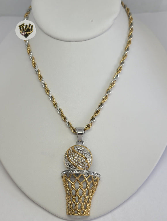 (4-7172) Stainless Steel - 4mm Two Tone Basketball Necklace - 24