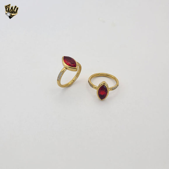 (4-0064) Stainless Steel - Elongated Red Zircon Ring.