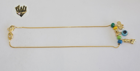 (1-0265) Gold Laminate - 1mm Box Anklet w/Amulet Charms 10