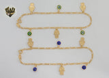 (1-0136-1) Gold Laminate - 2mm Hamsa Hands and Evil Eye Anklet - 10" - BGF