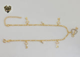 (1-0114) Laminado de oro - Tobillera con dijes de llave Figaro Link de 2 mm - 10" - BGF