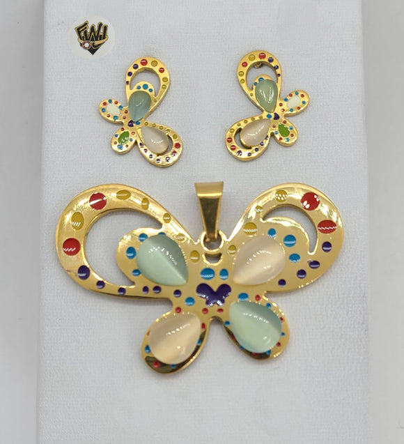 (4-9045) Stainless Steel - Colorful Butterfly Set. - Fantasy World Jewelry