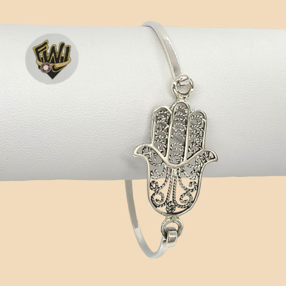 (2-0673) 925 Sterling Silver - 2mm Hamsa Hand Bangle - 2.1/2