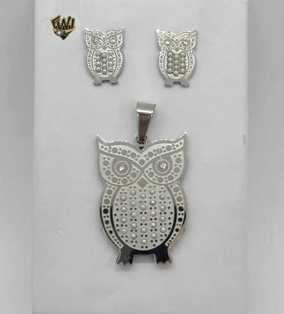 (4-9106) Stainless Steel - CZ Owl Set. - Fantasy World Jewelry
