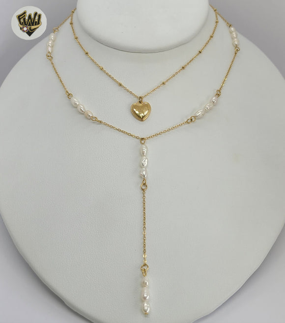 (4-7013) Stainless Steel - Pearl Layering Chains Necklace. - Fantasy World Jewelry