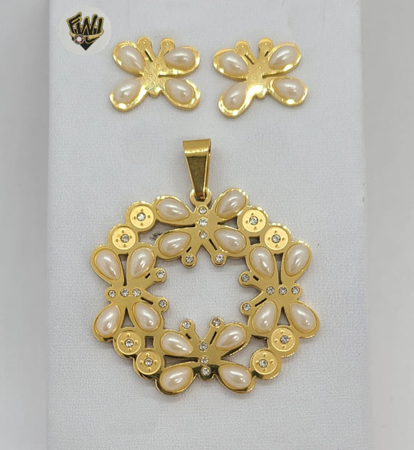 (4-9103) Stainless Steel - Pearls Butterfly Set. - Fantasy World Jewelry