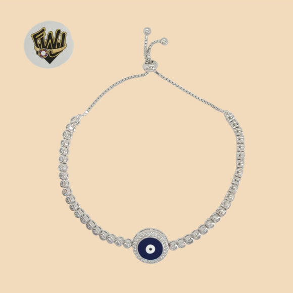 (2-0322) 925 Sterling Silver - 3mm Zircon Link Evil Eye Adjustable Bracelet.