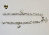 (4-3302) Stainless Steel - 5mm Figaro Link Charms Anklet - 9.5" - Fantasy World Jewelry