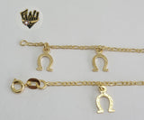 (1-0166) Gold Laminate - 2mm Figaro Anklet with Charms- 10" - BGO - Fantasy World Jewelry