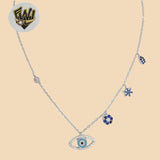 (2-66090) 925 Sterling Silver - 1mm Evil Eye Charms Necklace - 16" - Fantasy World Jewelry