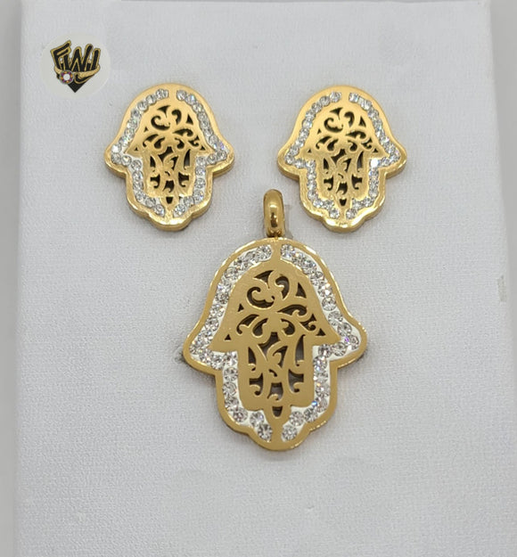 (4-9007) Stainless Steel - Zircon Hamsa Hand Set. - Fantasy World Jewelry
