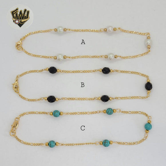 (1-0132) Gold Laminate - 2mm Figaro Link Bead Anklets - 10