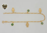 (1-0136-1) Gold Laminate - 2mm Hamsa Hands and Evil Eye Anklet - 10" - BGF