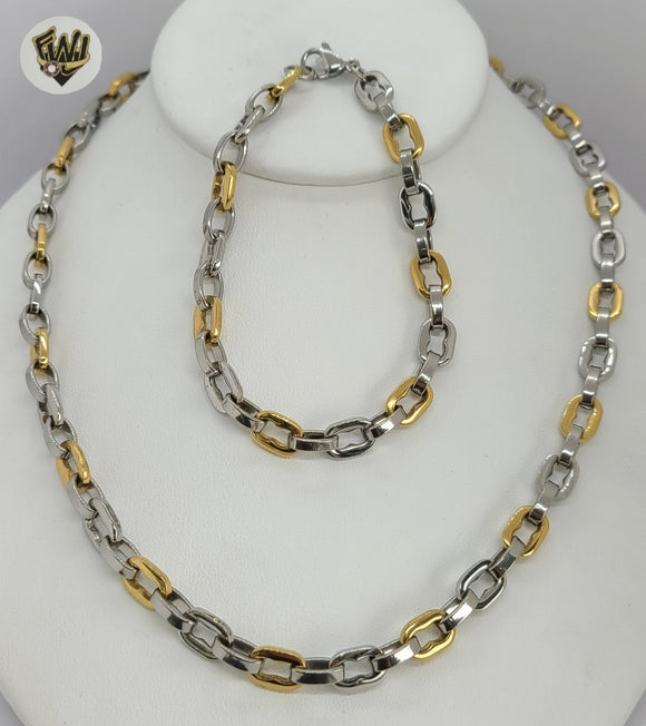 (4-7138) Stainless Steel - 7.5mm Two Tone Link Men Set - 24''. - Fantasy World Jewelry