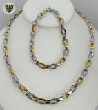 (4-7138) Stainless Steel - 7.5mm Two Tone Link Men Set - 24''. - Fantasy World Jewelry