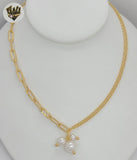 (1-6520-1) Gold Laminate - Paper Clip Rolo Link Pearl Necklace - BGF