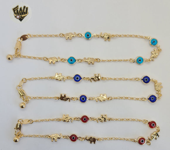 (1-0068) Gold Laminate - 2mm Elephant & Evil Eye Anklet - 10