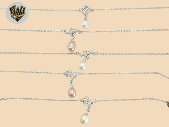 (2-0134) 925 Sterling Silver - 1mm Rolo Link Anklet with Pearl - 10