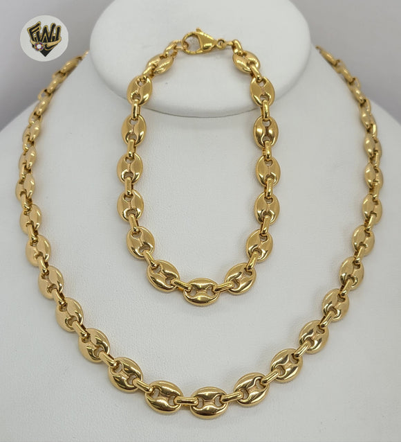 (4-7043) Stainless Steel - 9.5mm Puff Marine Link Men Set. - Fantasy World Jewelry