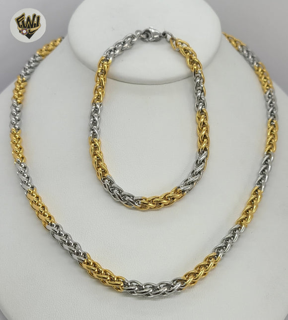 (4-7127) Stainless Steel - 5mm Two Tones Link Set - 22''. - Fantasy World Jewelry